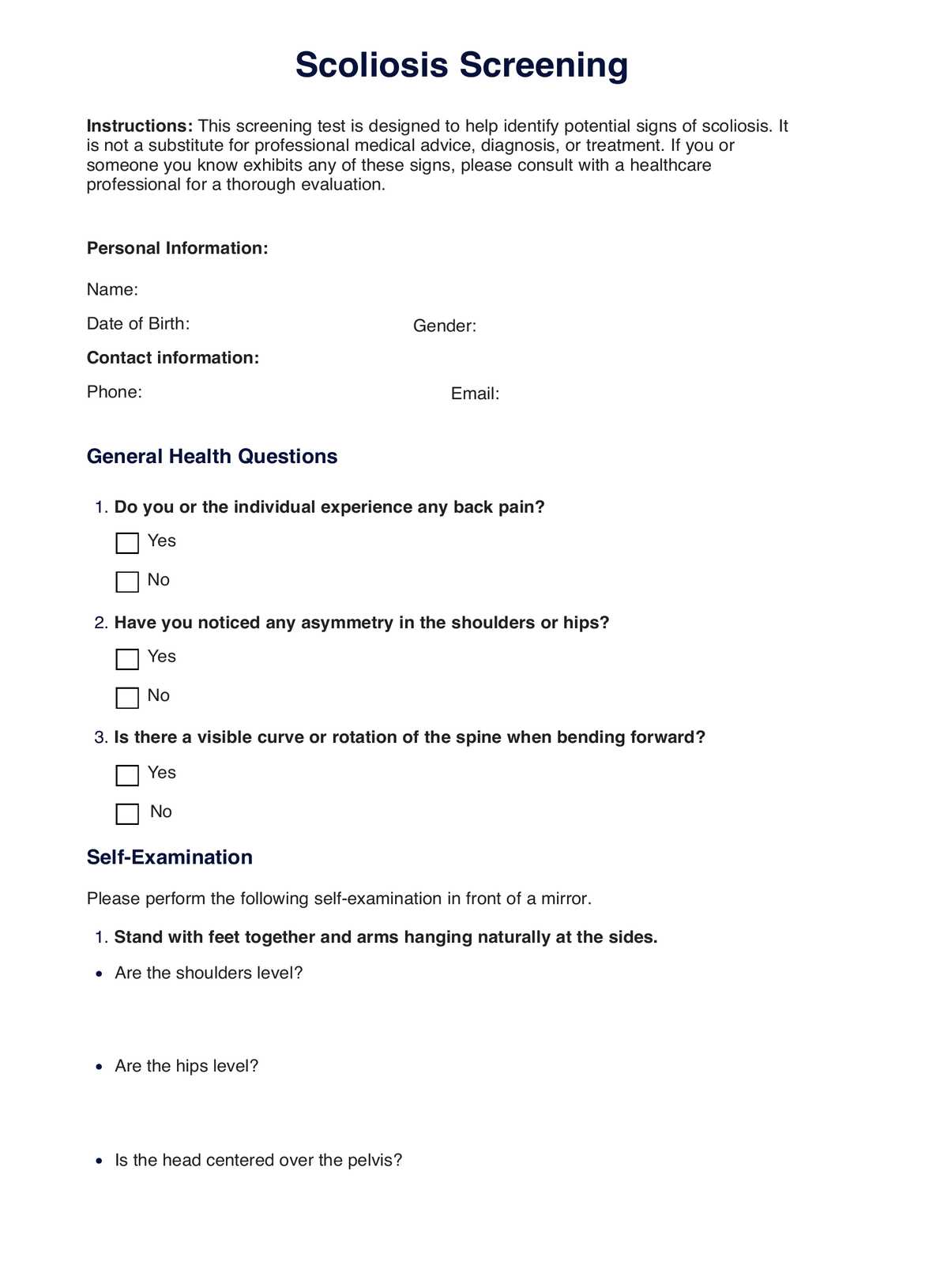 Scoliosis Screening Template PDF Example