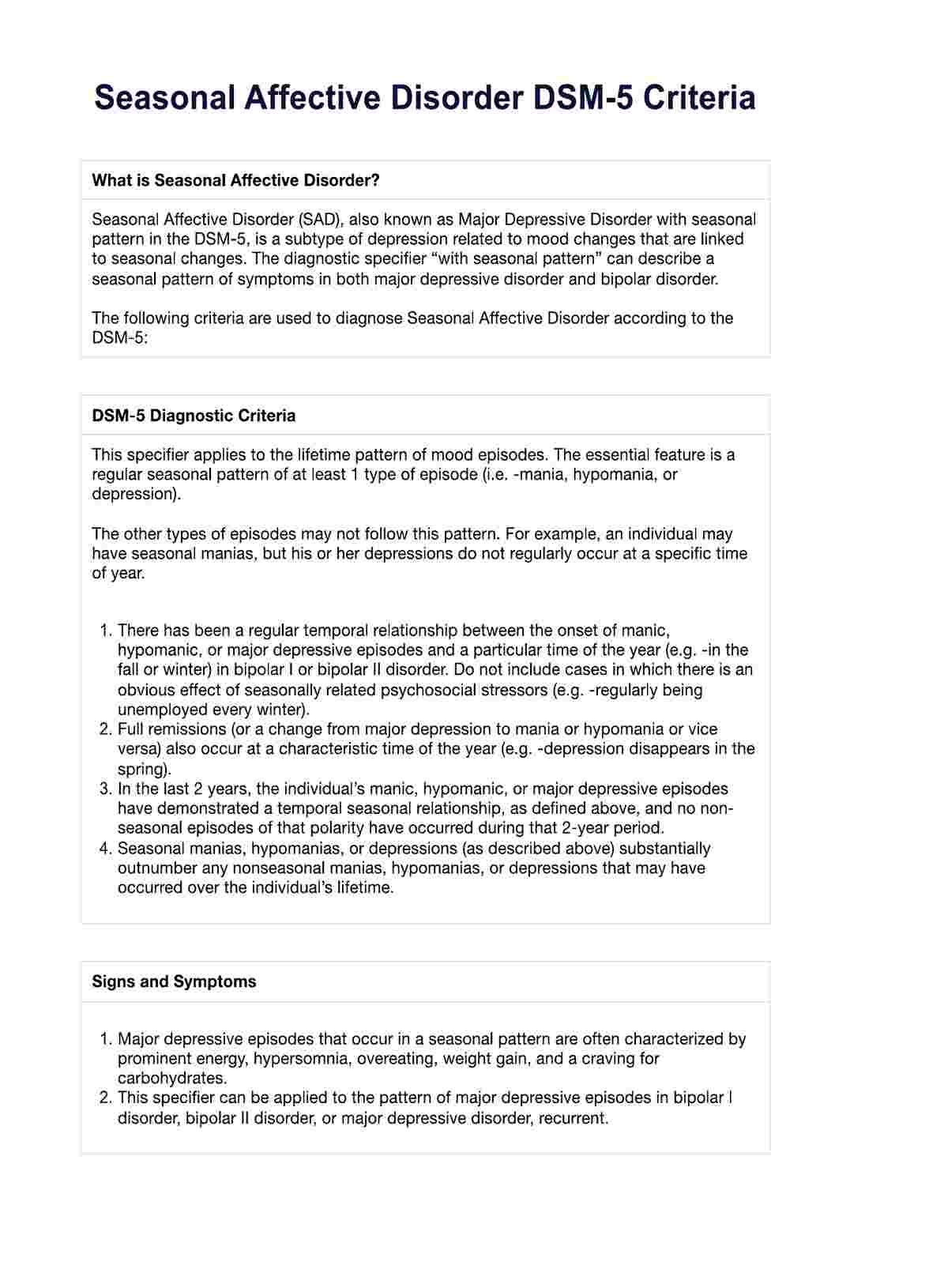 Seasonal Affective Disorder DSM 5 Criteria PDF Example