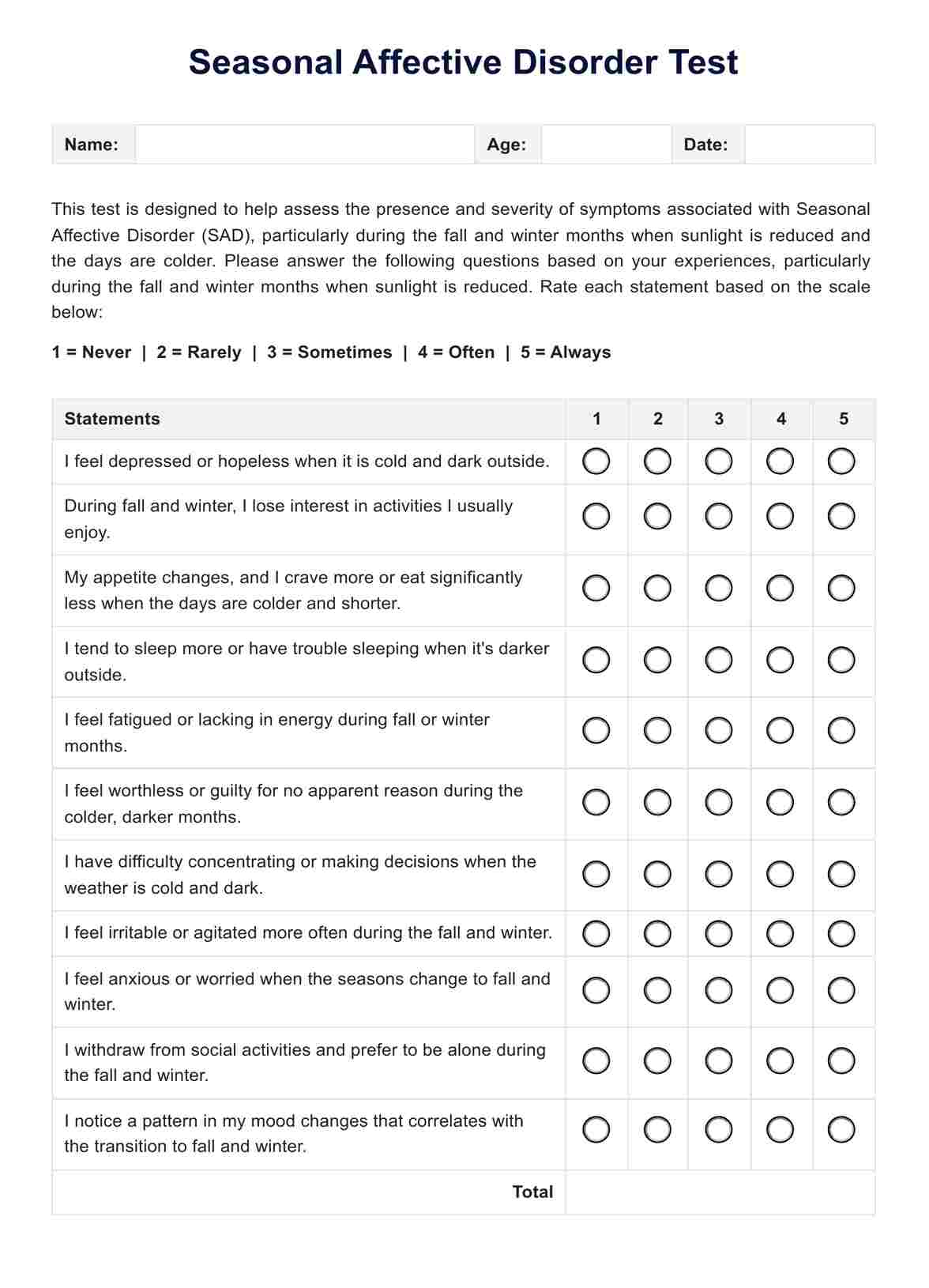 Seasonal Affective Disorder Test PDF Example