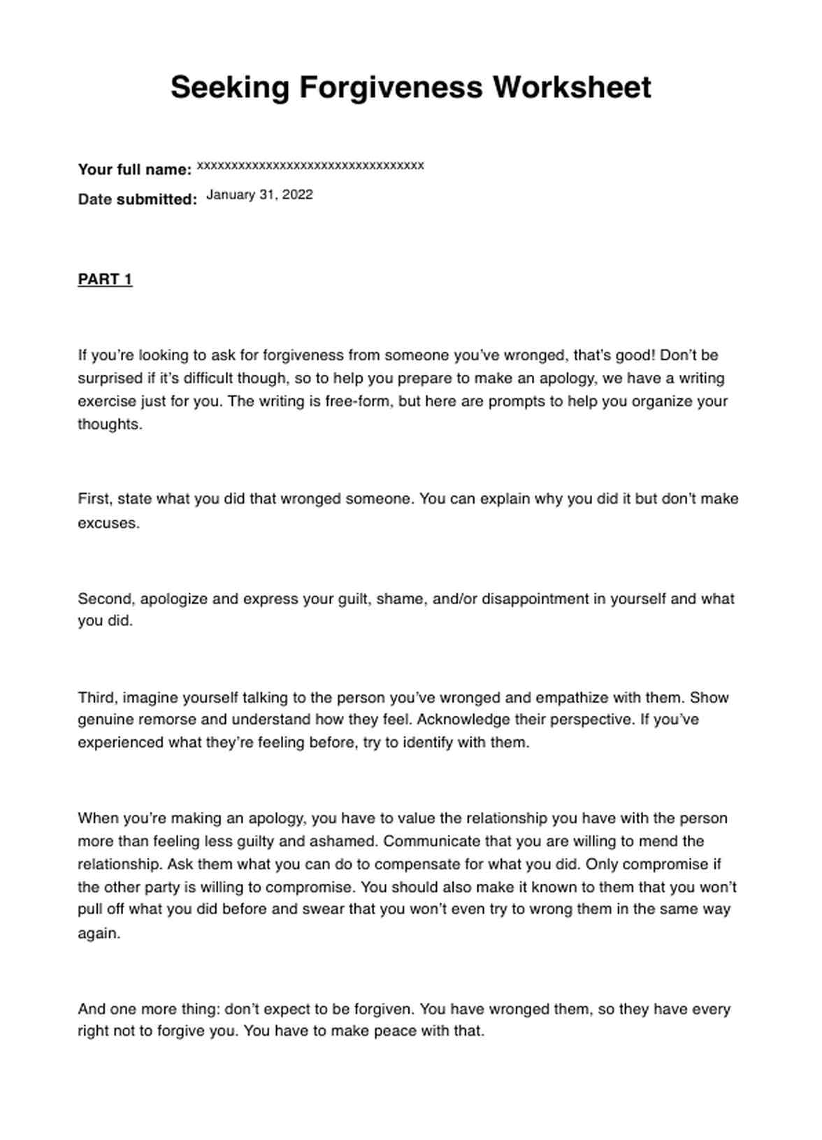 Seeking Forgiveness Worksheet PDF Example