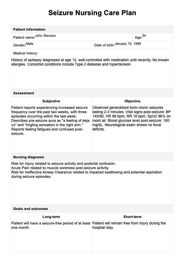 Plan de cuidado de convulsiones PDF Example