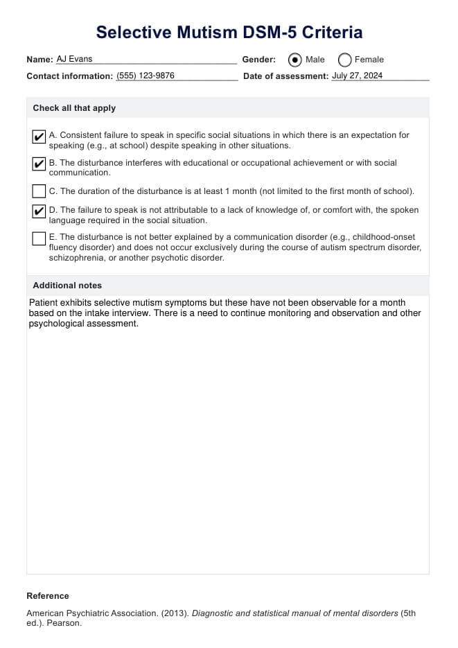 Selective Mutism DSM-5 Criteria PDF Example