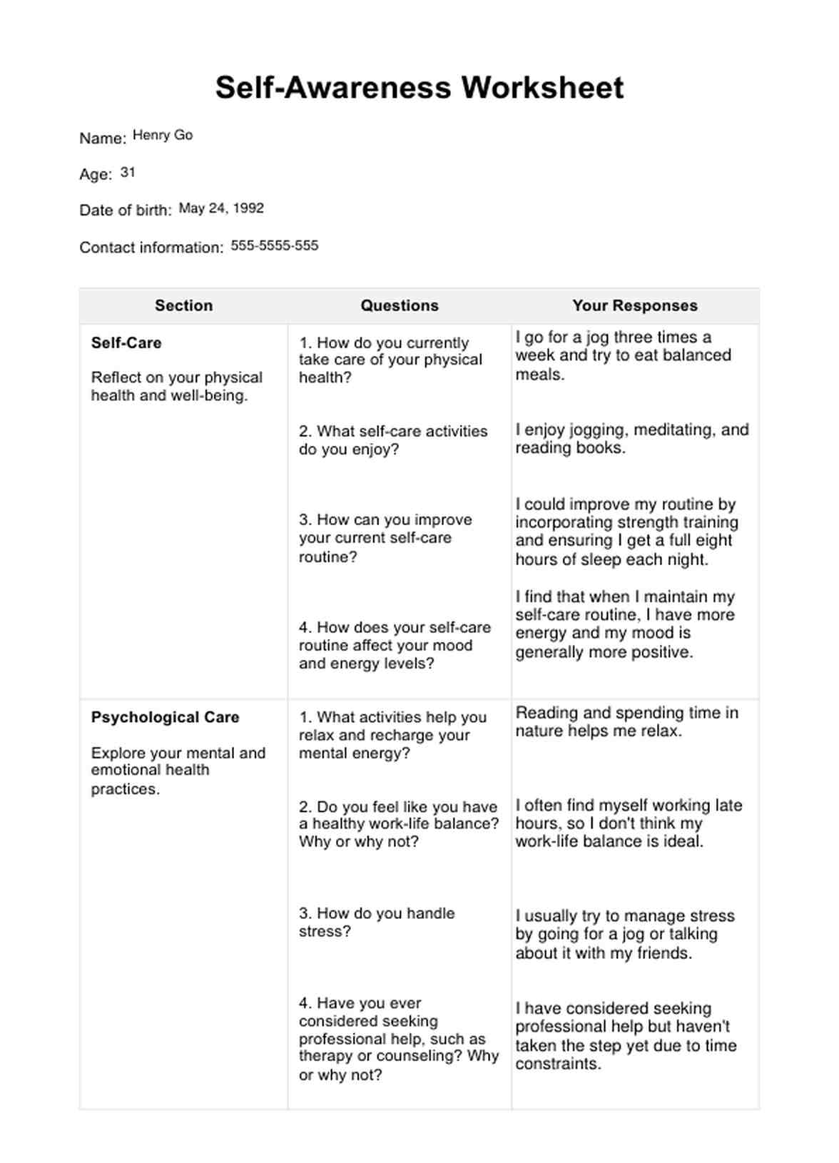 Self-Awareness Worksheet PDF Example
