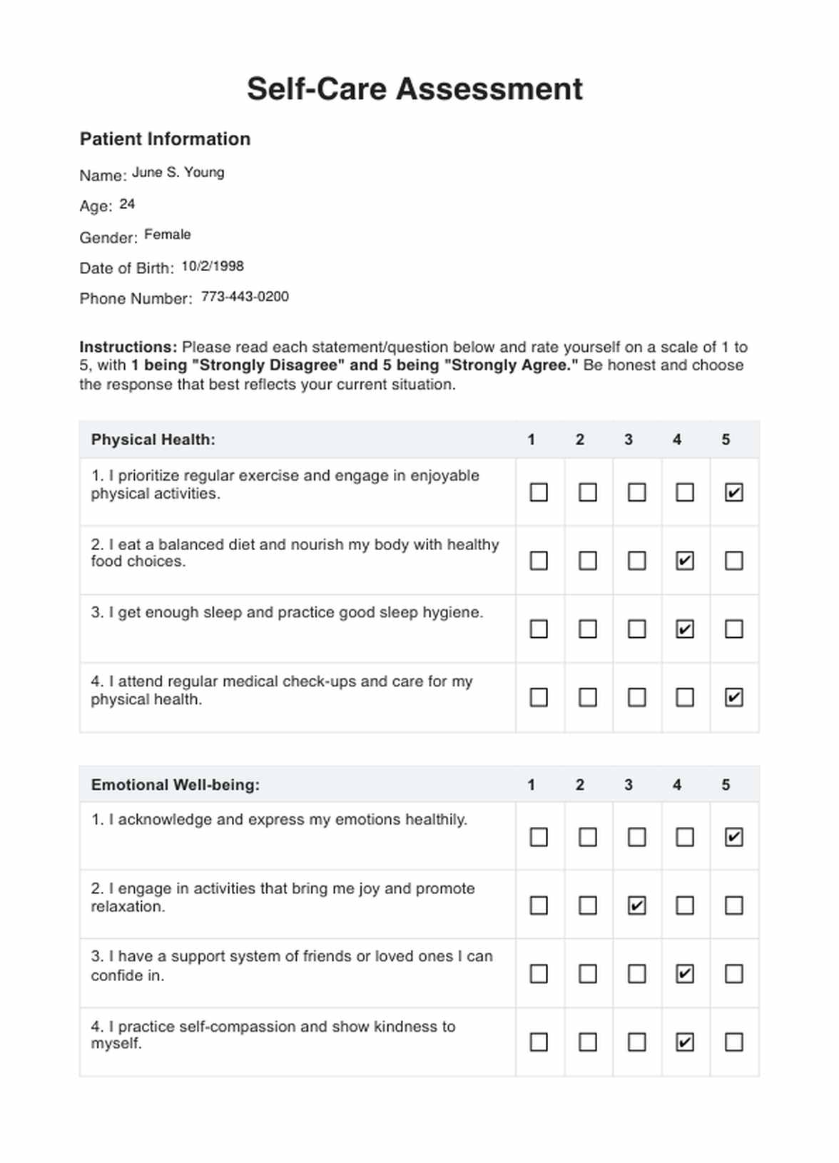 Formulario de Evaluación del Autocuidado PDF Example