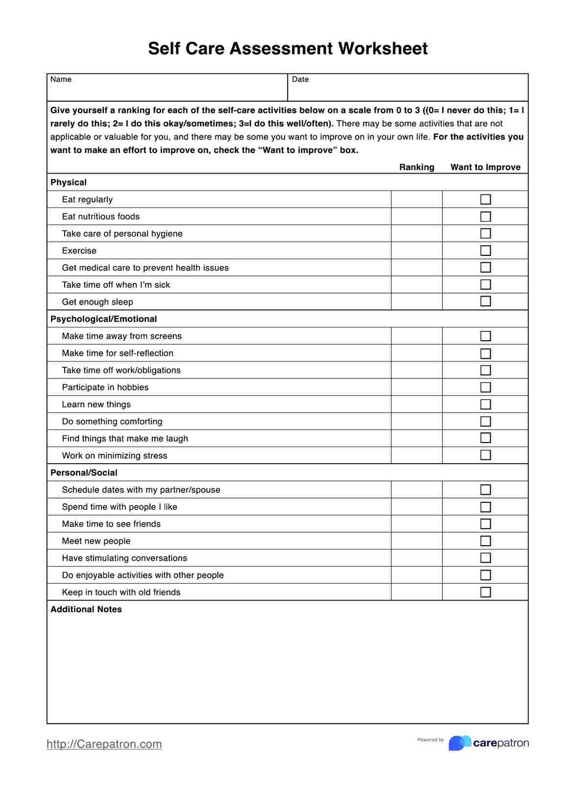 Self Care Assessment Worksheets PDF Example