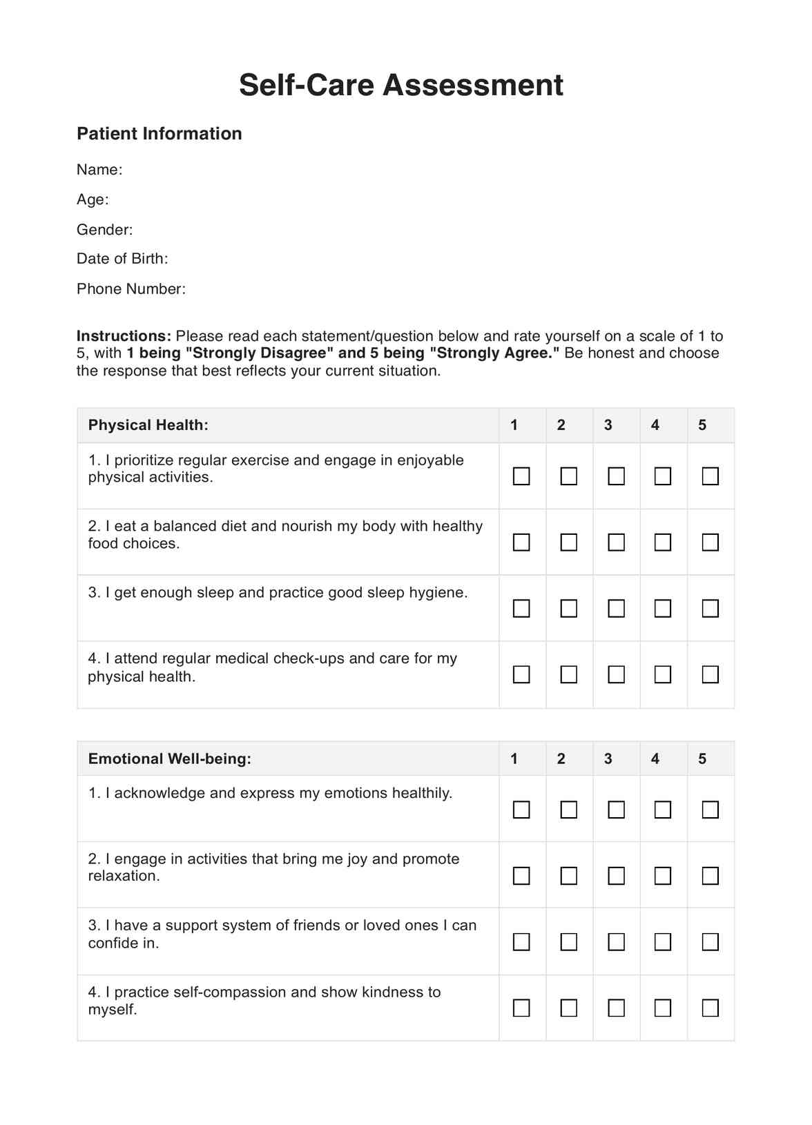 Self-Care Assessment PDF Example