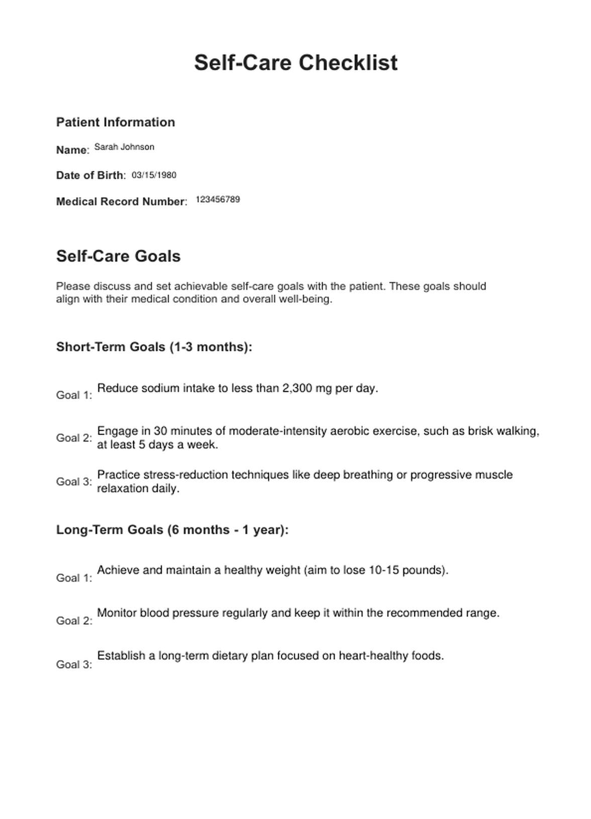 Self Care Checklists PDF Example