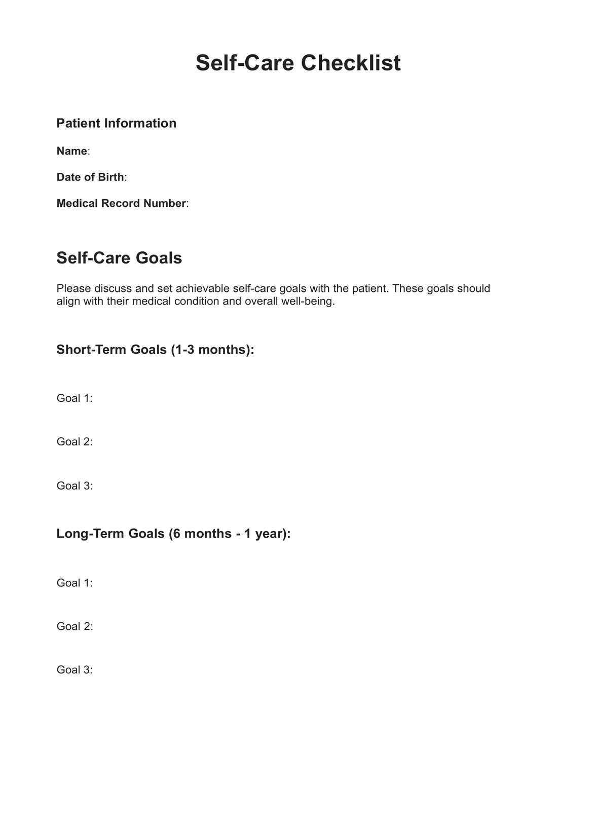Self Care Checklists PDF Example