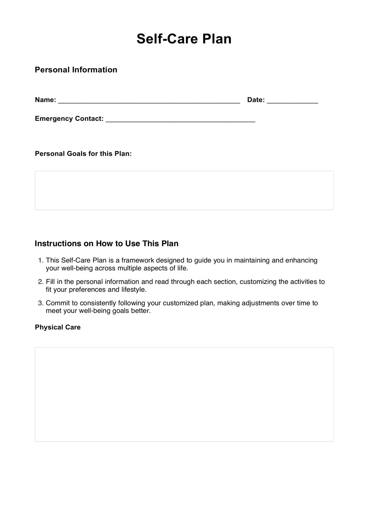 Self-Care Plan PDF Example