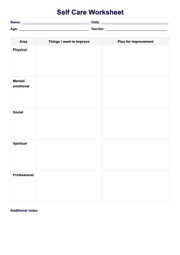 Self Care Worksheet PDF Example