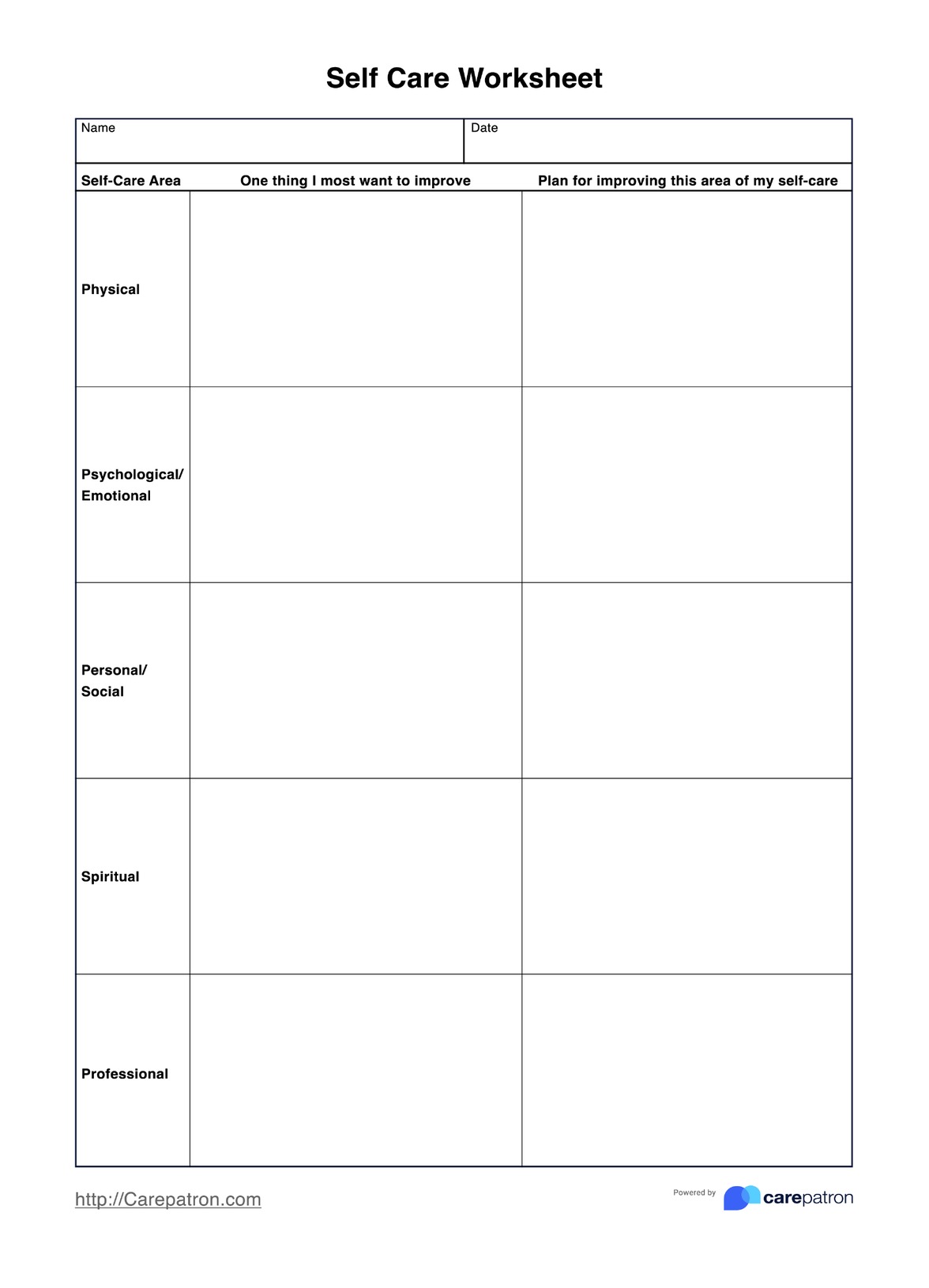 Self Care Worksheets PDF Example