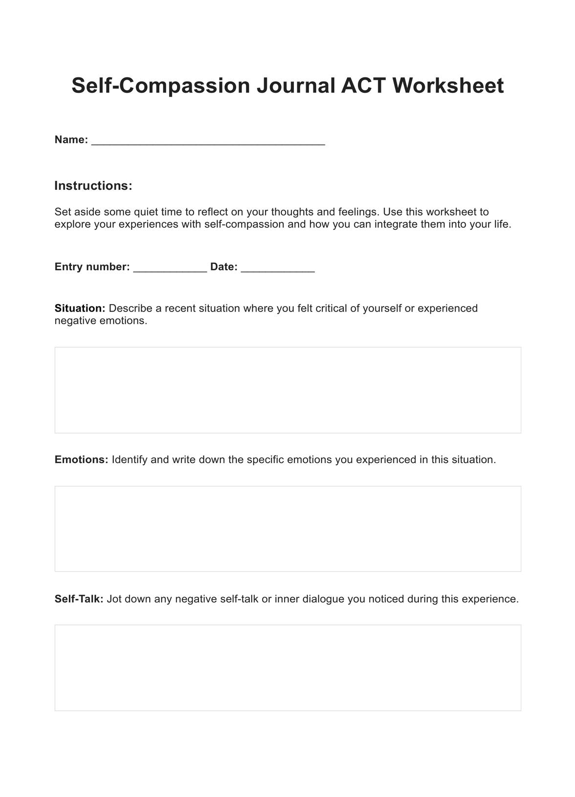 Self-compassion Journal ACT Worksheets PDF Example