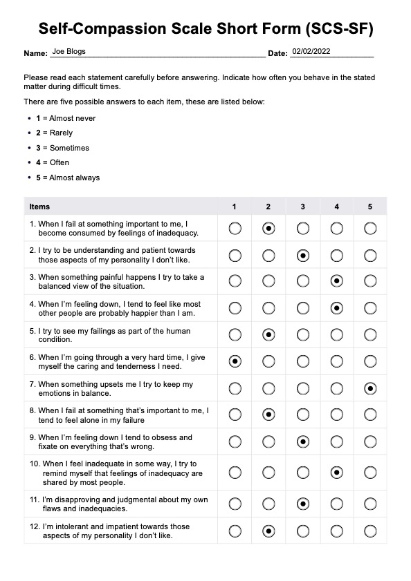 Self-Compassion Scale Short Form (SCS-SF) PDF Example