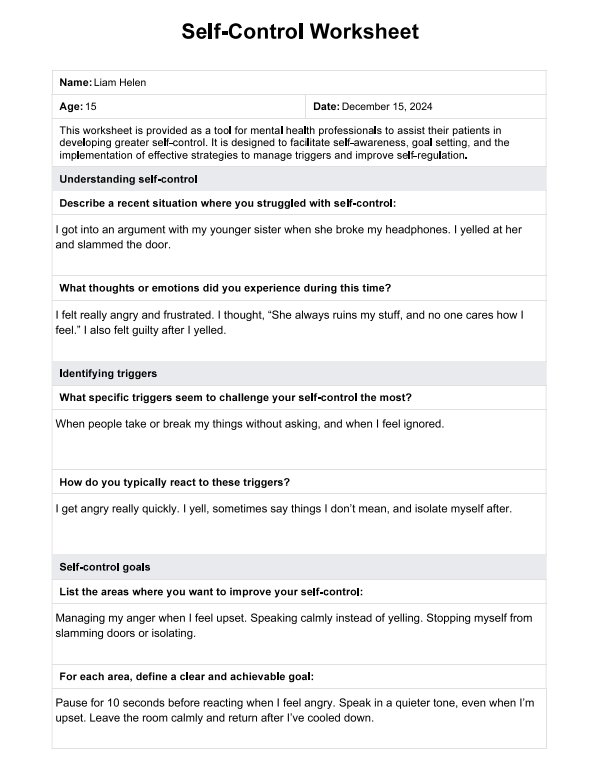 Self-Control Worksheet PDF PDF Example