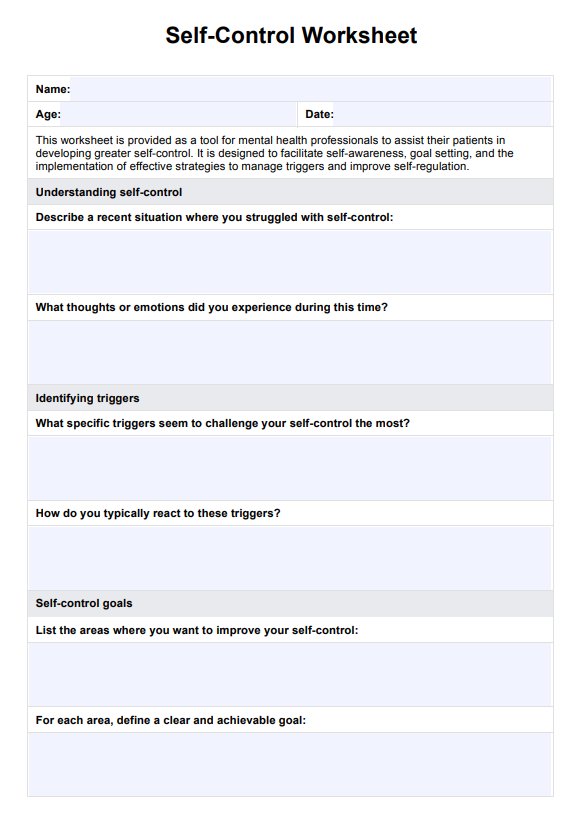 Self-Control Worksheet PDF PDF Example