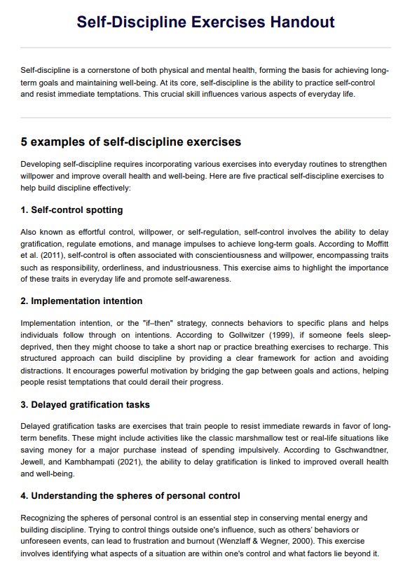 Self-Discipline Exercises Handout PDF Example