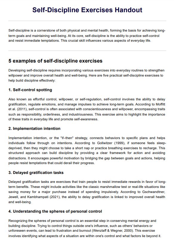 Self-Discipline Exercises Handout PDF Example