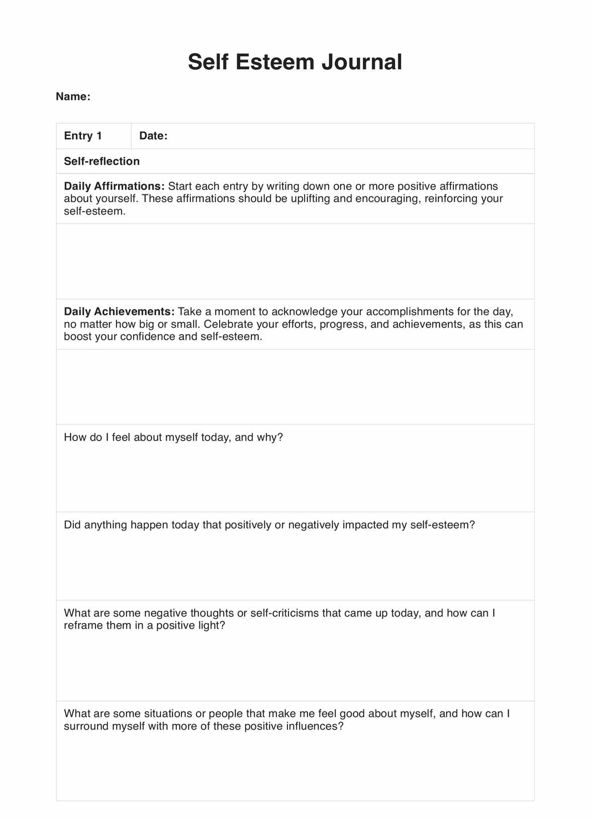 Self-Esteem Journal PDF Example