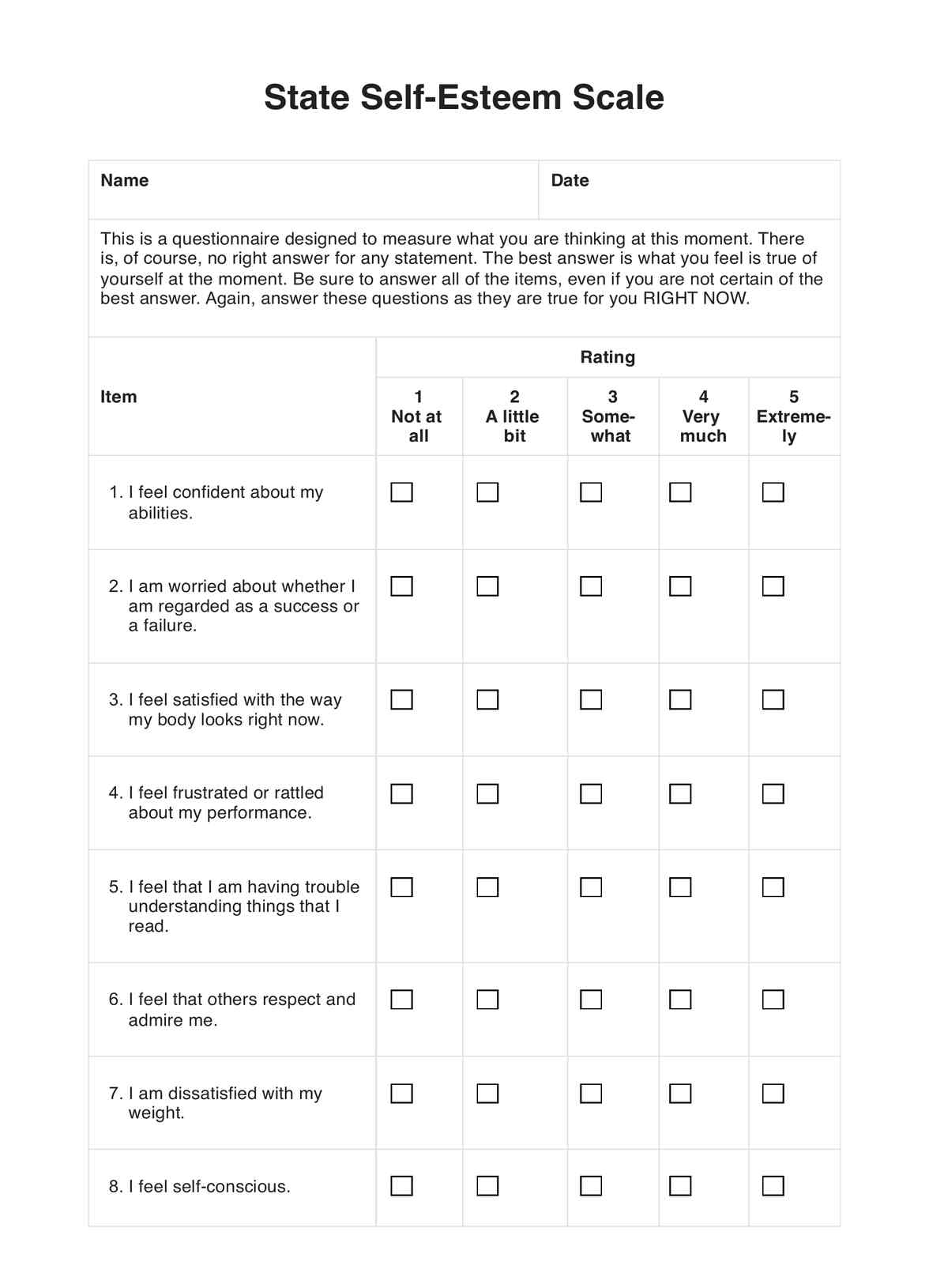 Self-Esteem Scales PDF Example