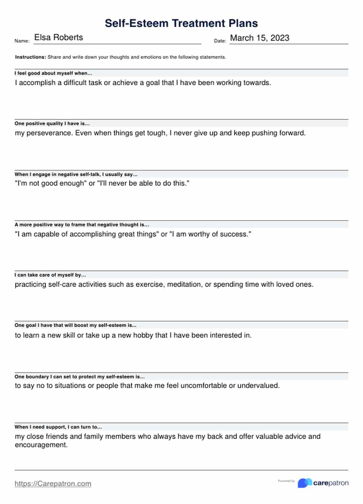Self-Esteem Treatment Plans PDF Example