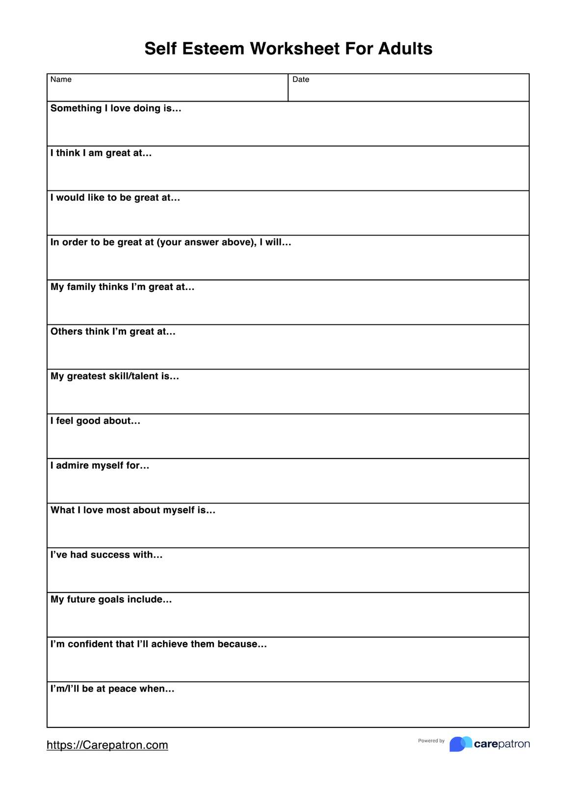 Self-Esteem Worksheet for Adults PDF Example