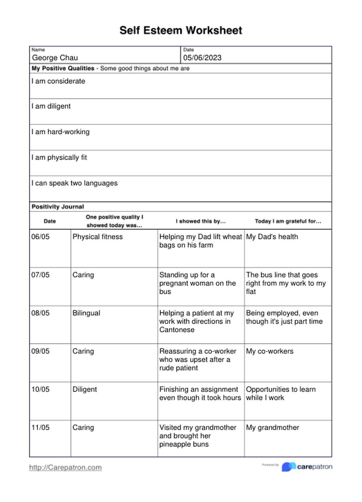 Self Esteem Worksheets PDF Example