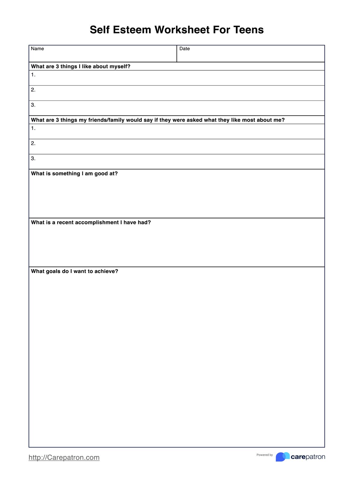 Self Esteem Worksheets For Teens PDF Example