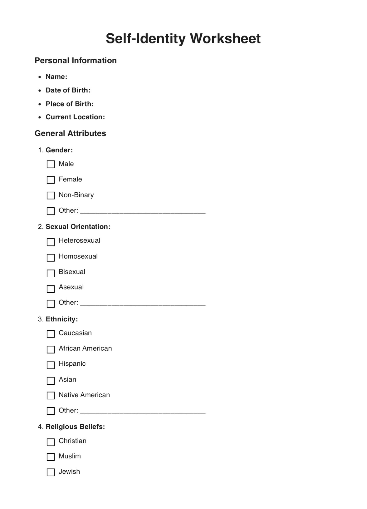 Self-Identity Worksheets PDF Example
