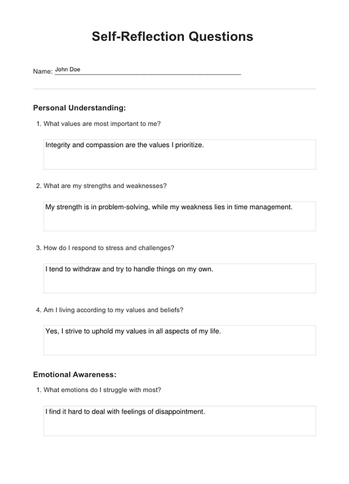 Self-reflection Questions PDF Example