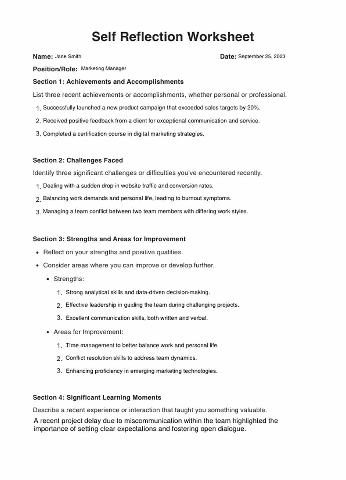 Self Reflection Worksheets PDF Example