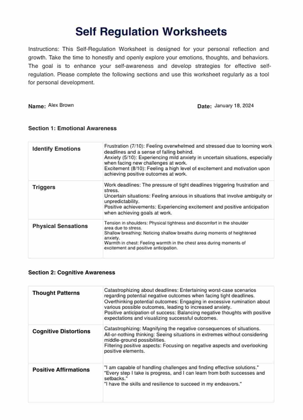 Self Regulation Worksheets PDF Example