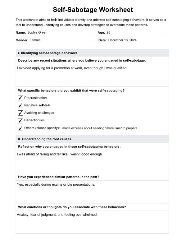 Printable Self-Sabotage Worksheet PDF Example