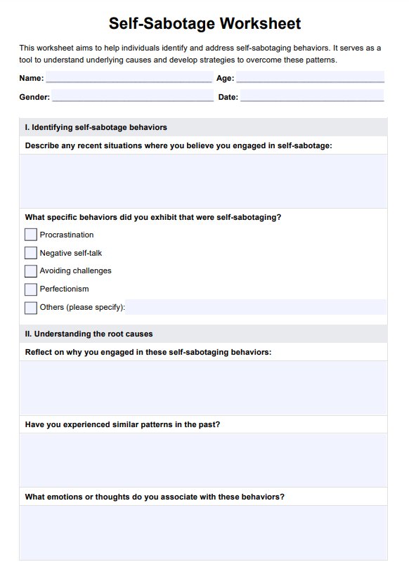 Printable Self-Sabotage Worksheet PDF Example