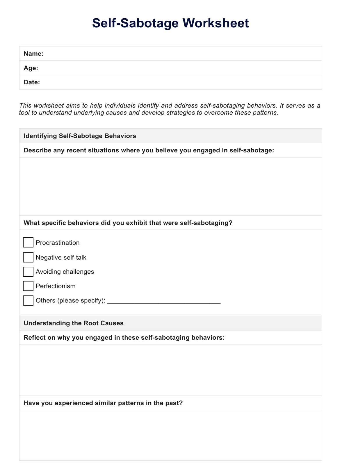 Printable Self-Sabotage Worksheet PDF Example