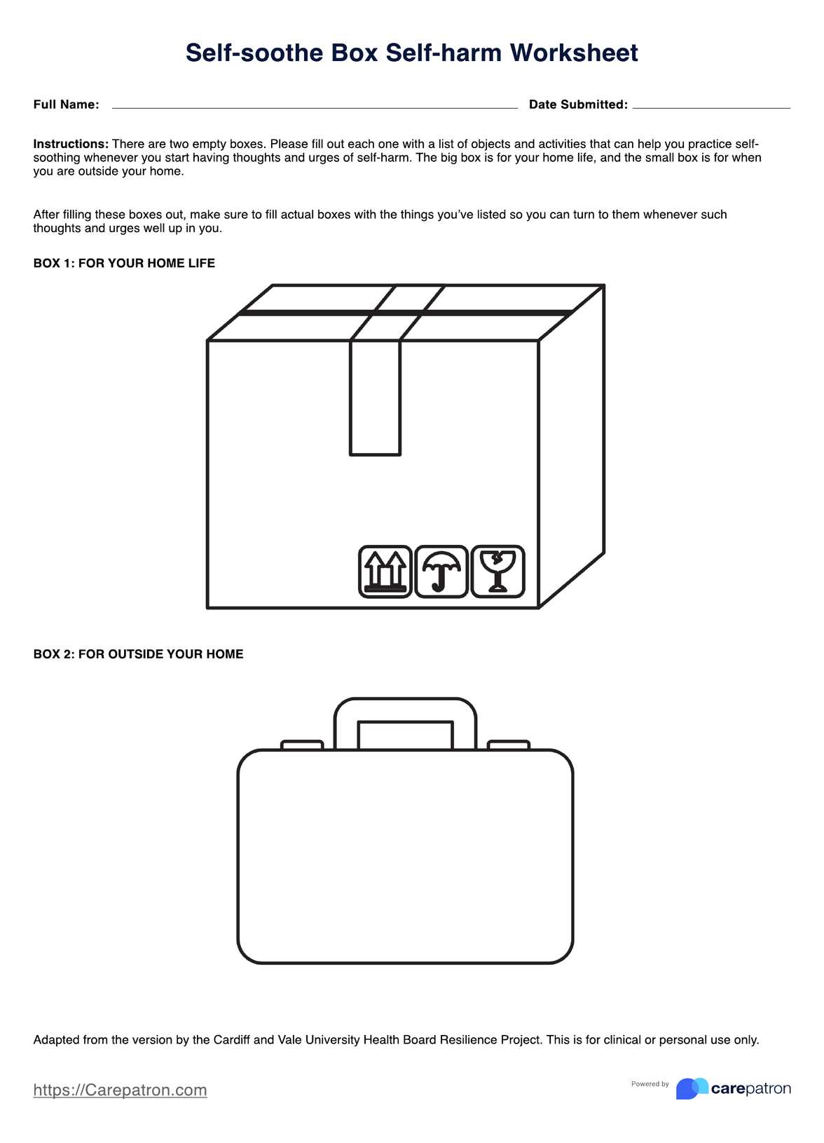 Self-soothe Box Self-harm Worksheet PDF Example