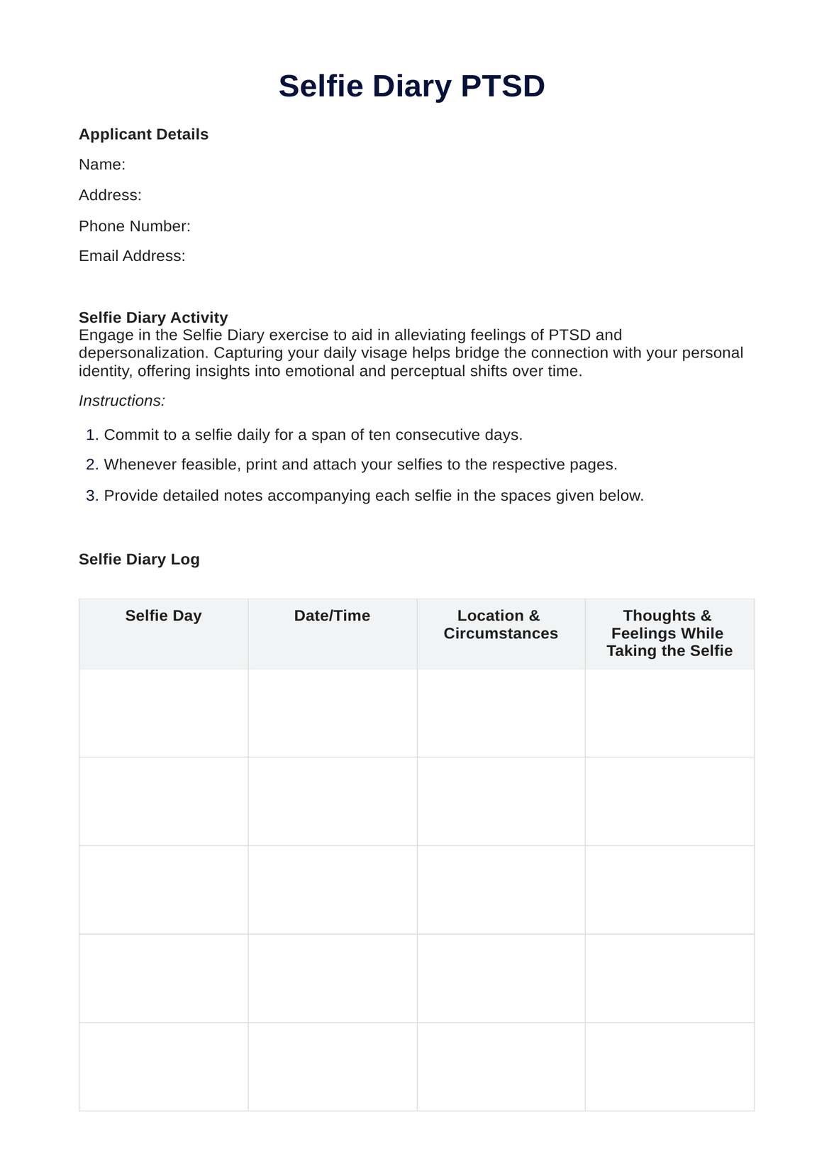 Selfie Diary PTSD Worksheet PDF Example