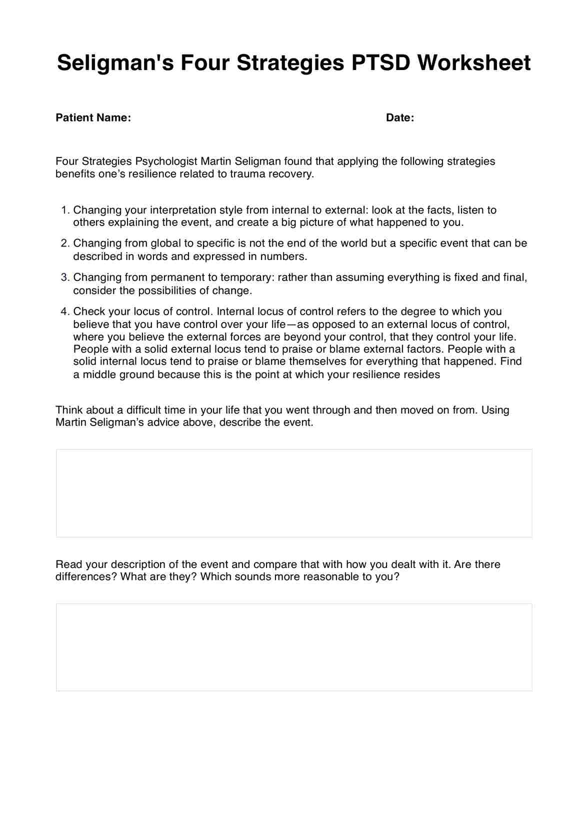 Seligman's Four Strategies PTSD Worksheet PDF Example