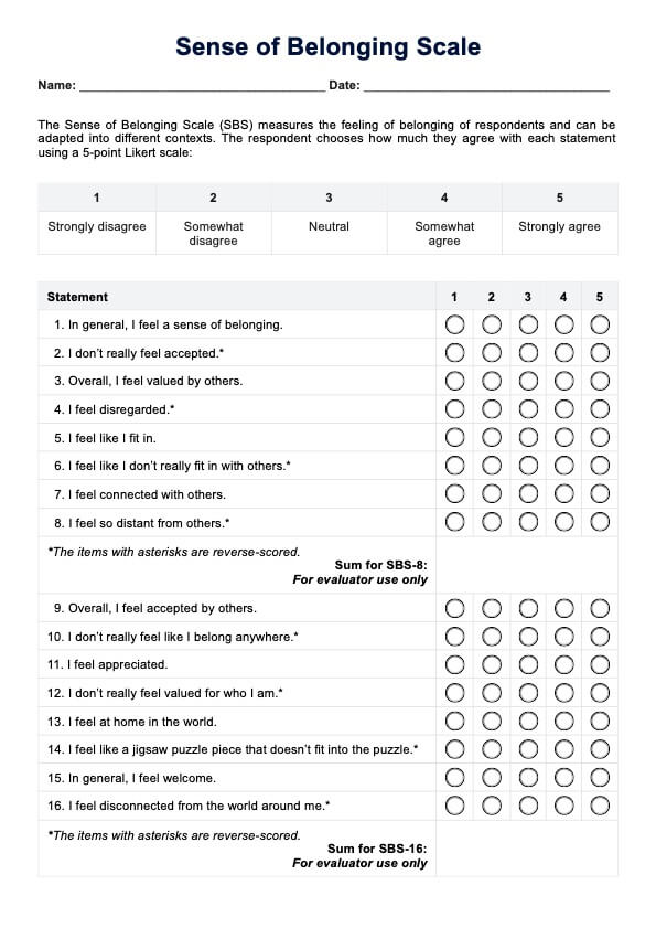 Sense of Belonging Scale PDF Example