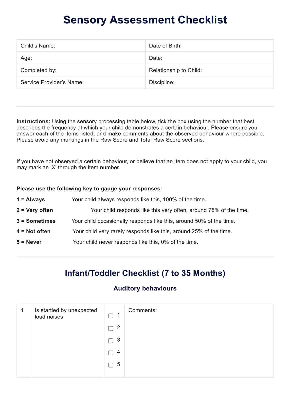 Sensory Assessment Checklist PDF Example