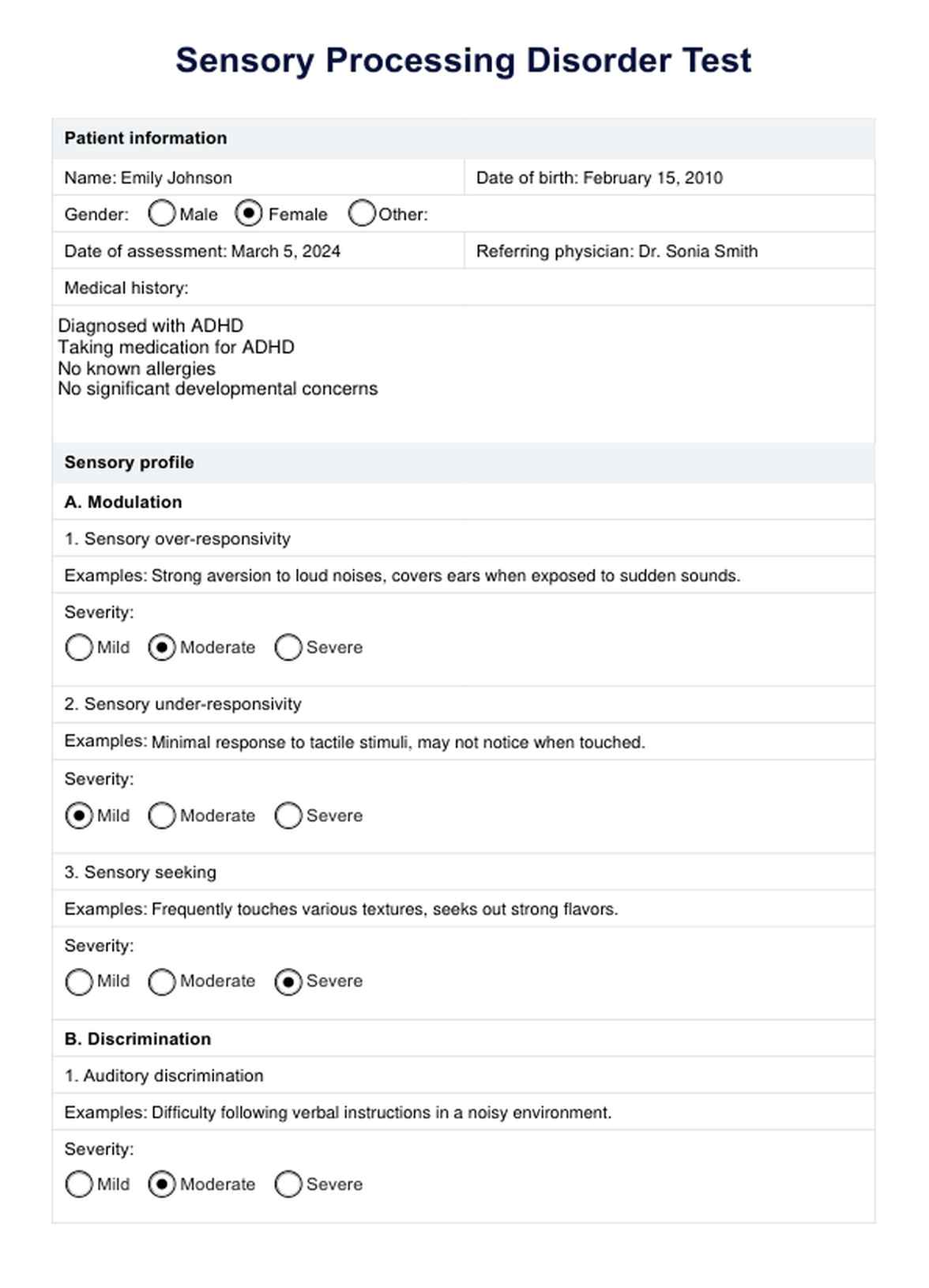 Sensory Processing Disorder Test PDF Example