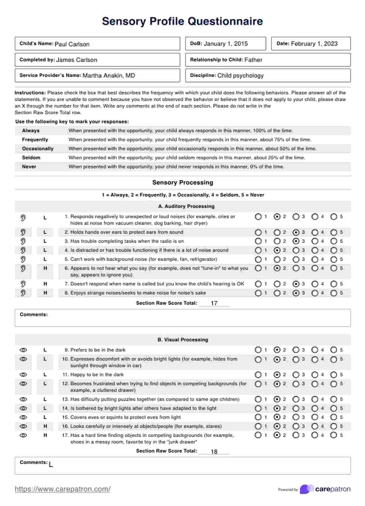 Questionario sul profilo sensoriale PDF Example