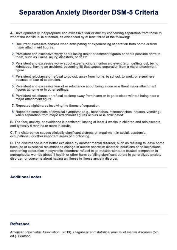 Separation Anxiety Disorder DSM-5 Criteria PDF Example