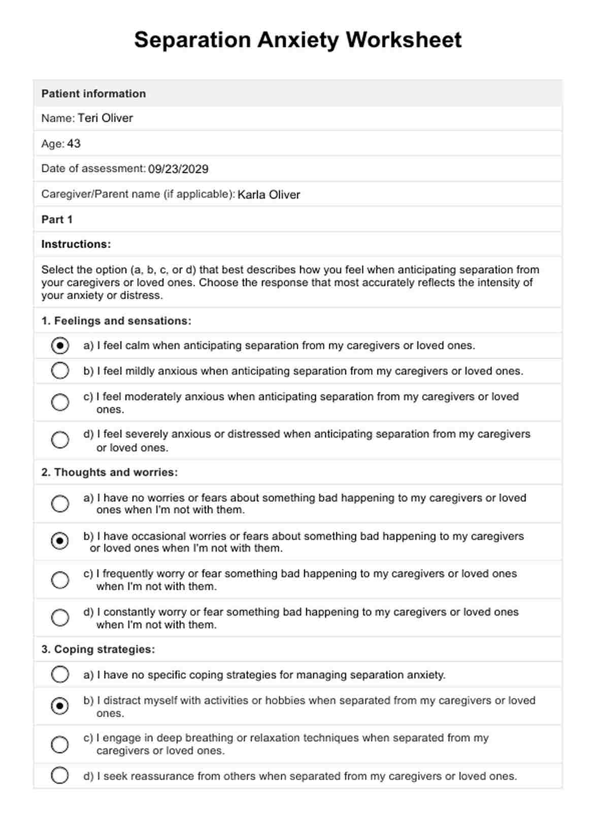 Separation Anxiety Worksheets PDF Example