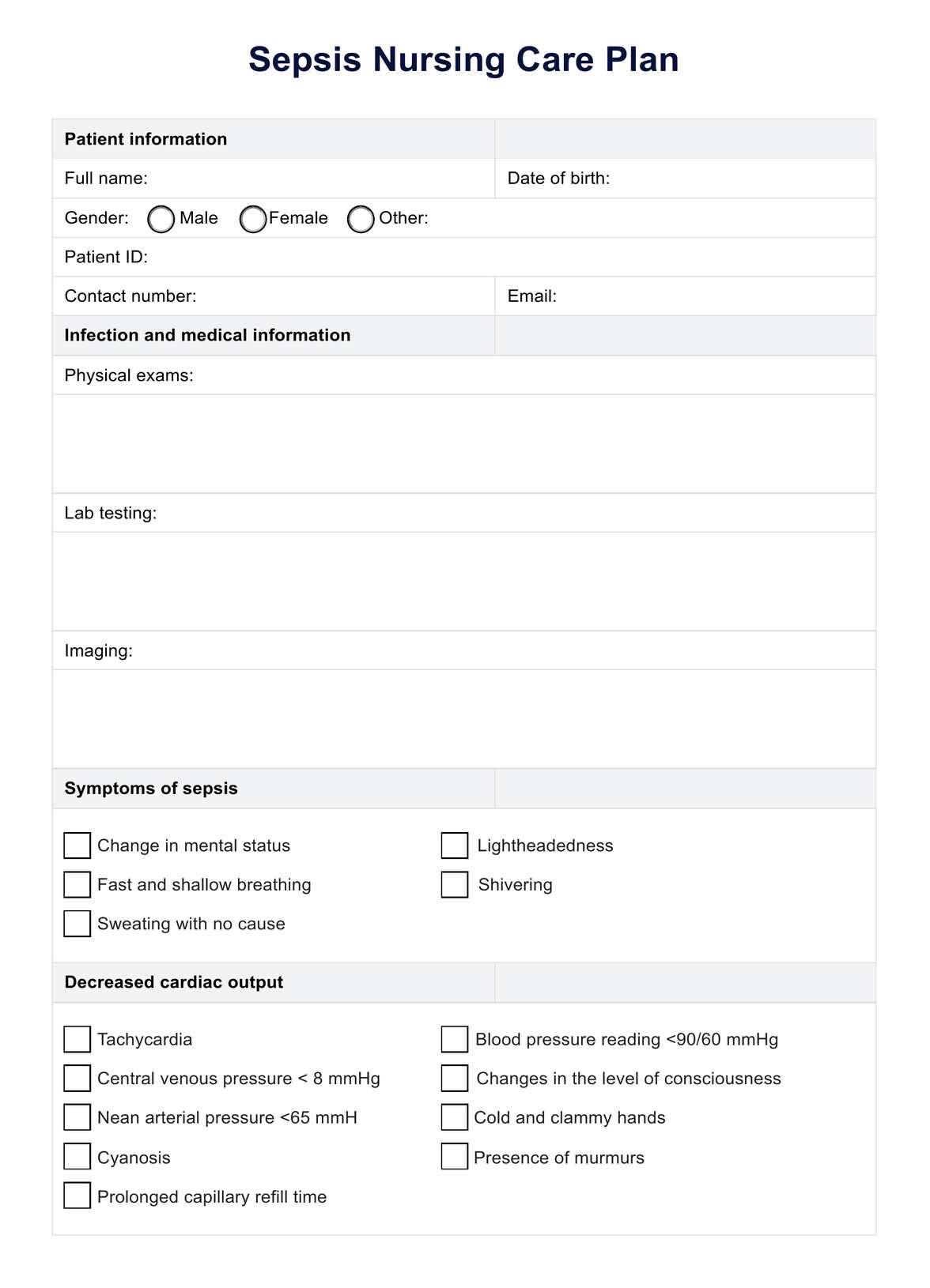 Sepsis Nursing Care Plan PDF Example