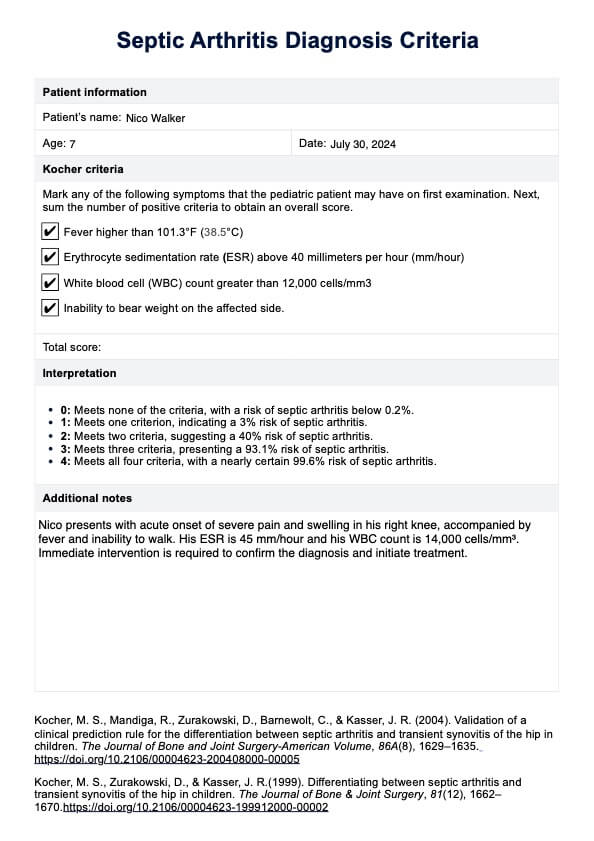 Septic Arthritis Diagnosis Criteria PDF Example
