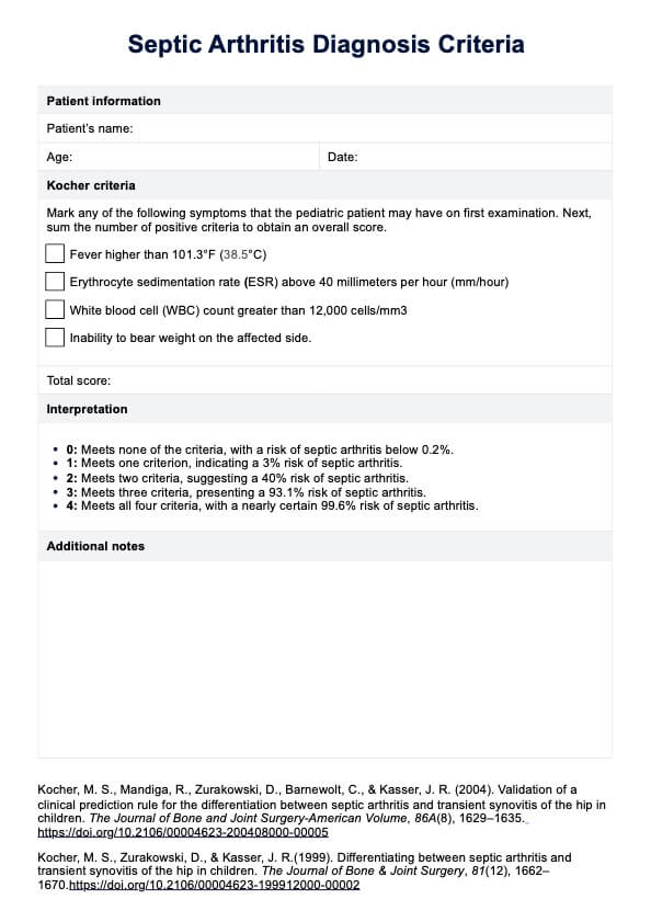 Septic Arthritis Diagnosis Criteria PDF Example