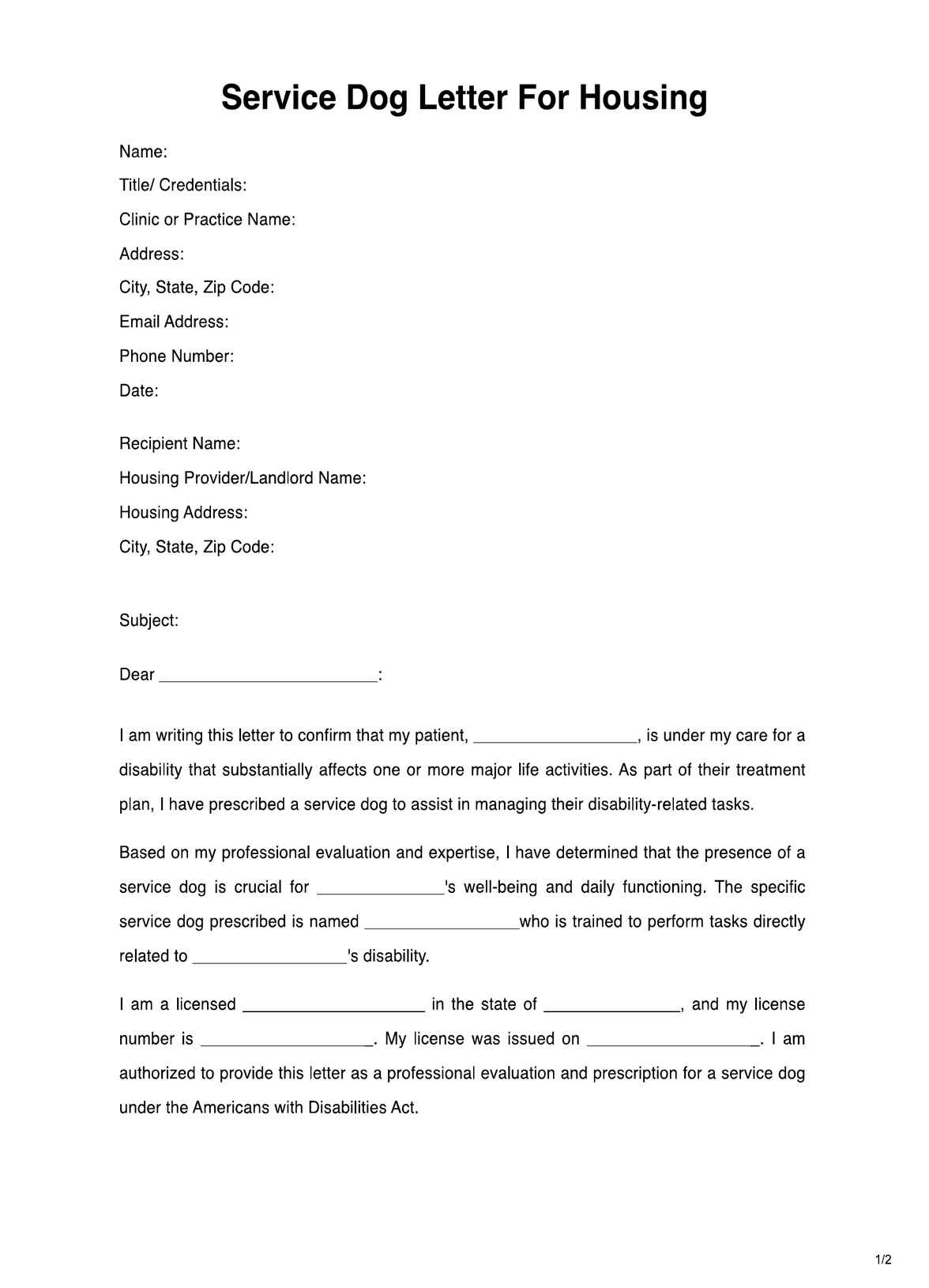 Service Dog Letter For Housing PDF Example
