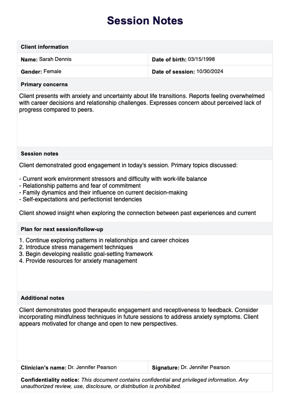 Ejemplo de notas de la sesión de terapia PDF Example