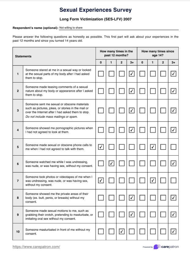 Sexual Experiences Survey PDF Example