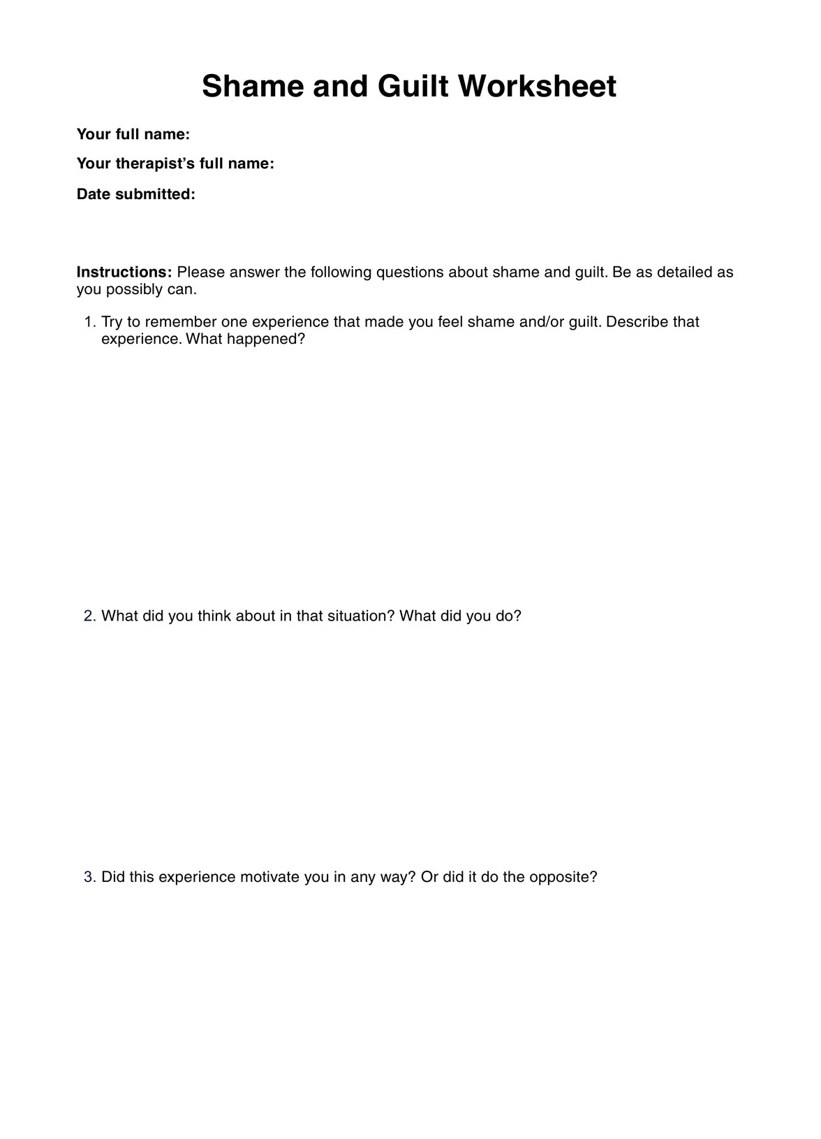 Shame and Guilt Worksheet PDF Example